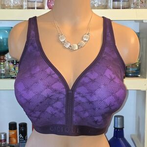 Cacique Bra 44-D Lightly Lined No Wire Purple Maroon Mesh Overlay Stars EUC